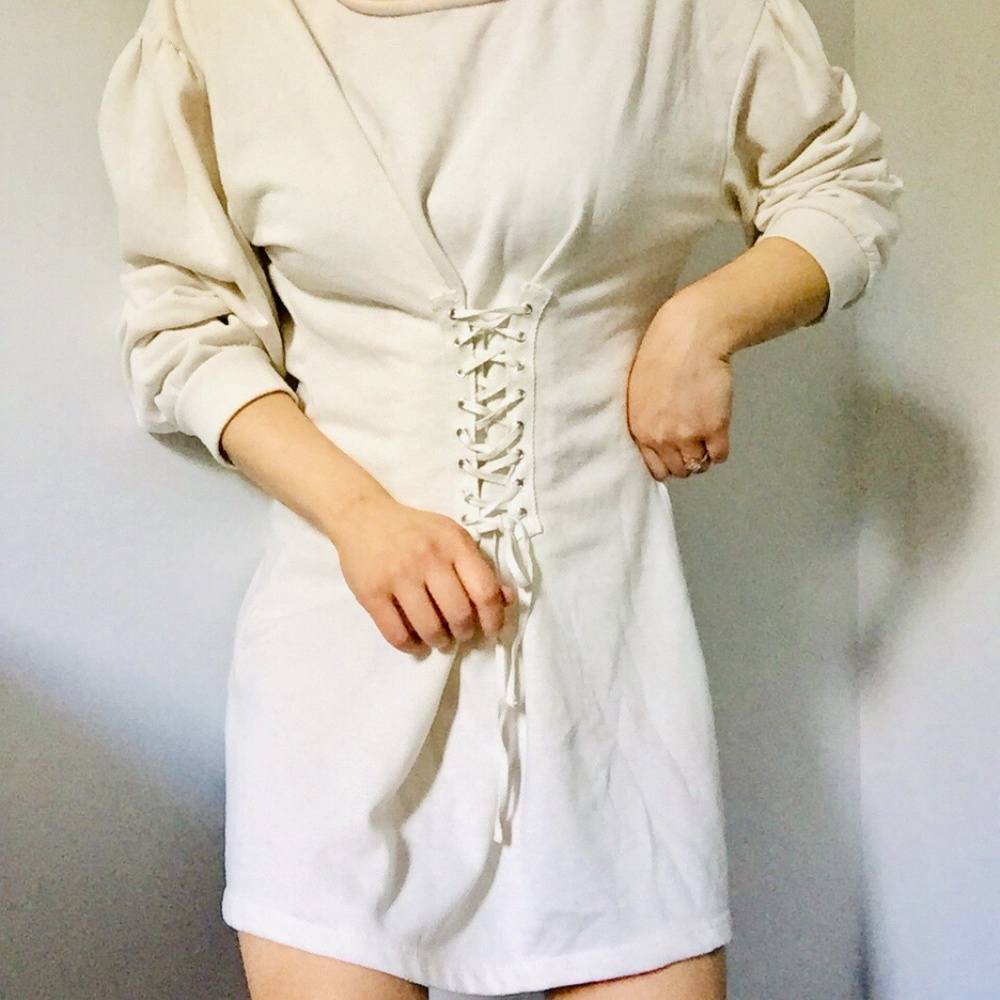 Ivory Cream Corset Lace Up Sweater Dress